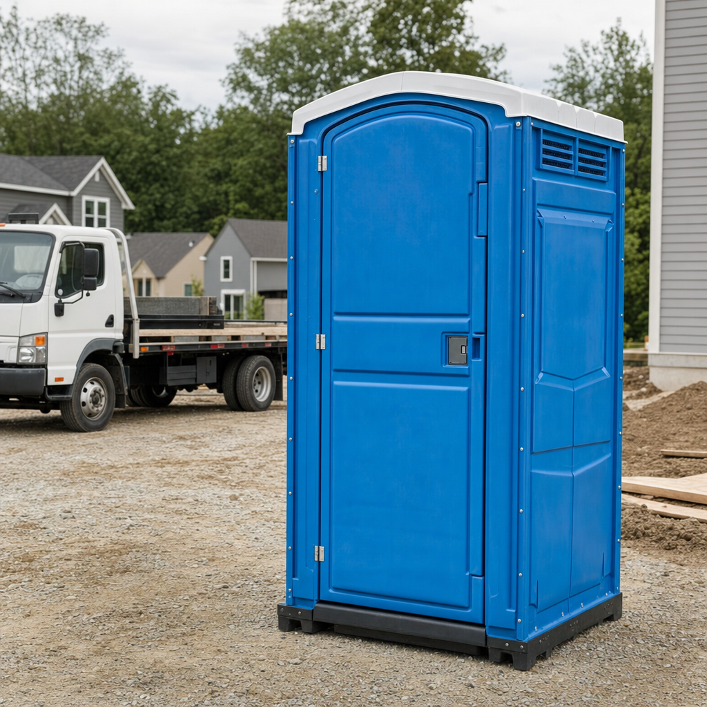 Delivery driver positioning a clean royal-blue portable toilet on level ground at a Cape Coral worksite