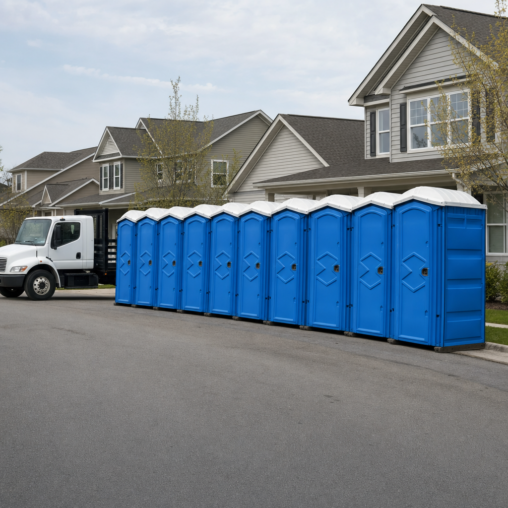 Royal blue portable toilets staged in a tidy row at a Cape Coral jobsite, ready for delivery